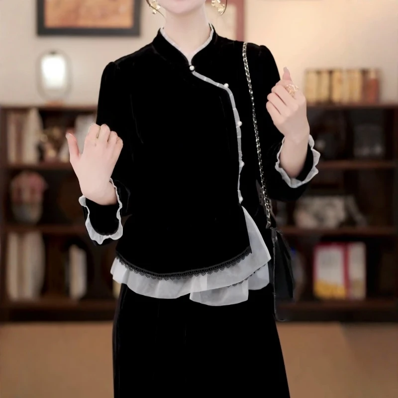 法式荷叶边衬衫女士秋季新款时尚气质休闲显瘦设计感黑色百搭上衣