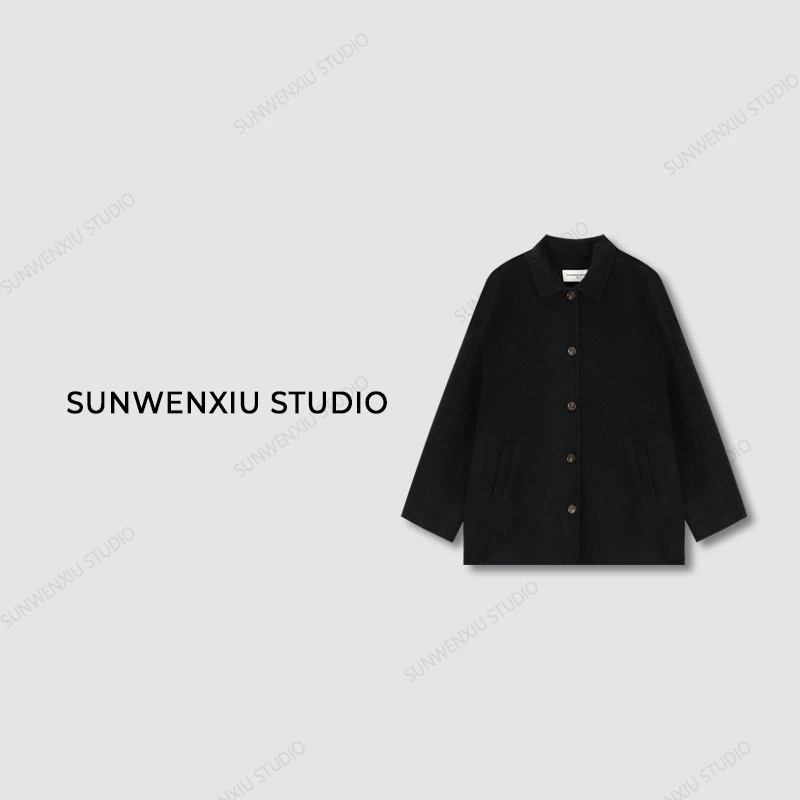 swx studio3店 “苏力系列”极简高品质黑色羊毛短款大衣外套