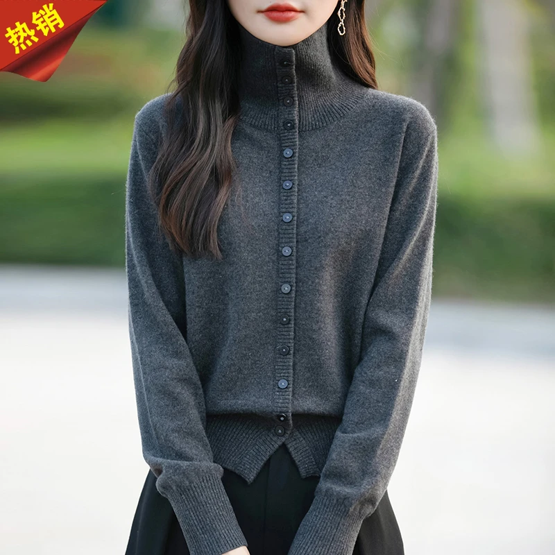 哥弟阿玛施正品秋冬新款时尚气质百搭立领单排扣针织开衫女毛衣