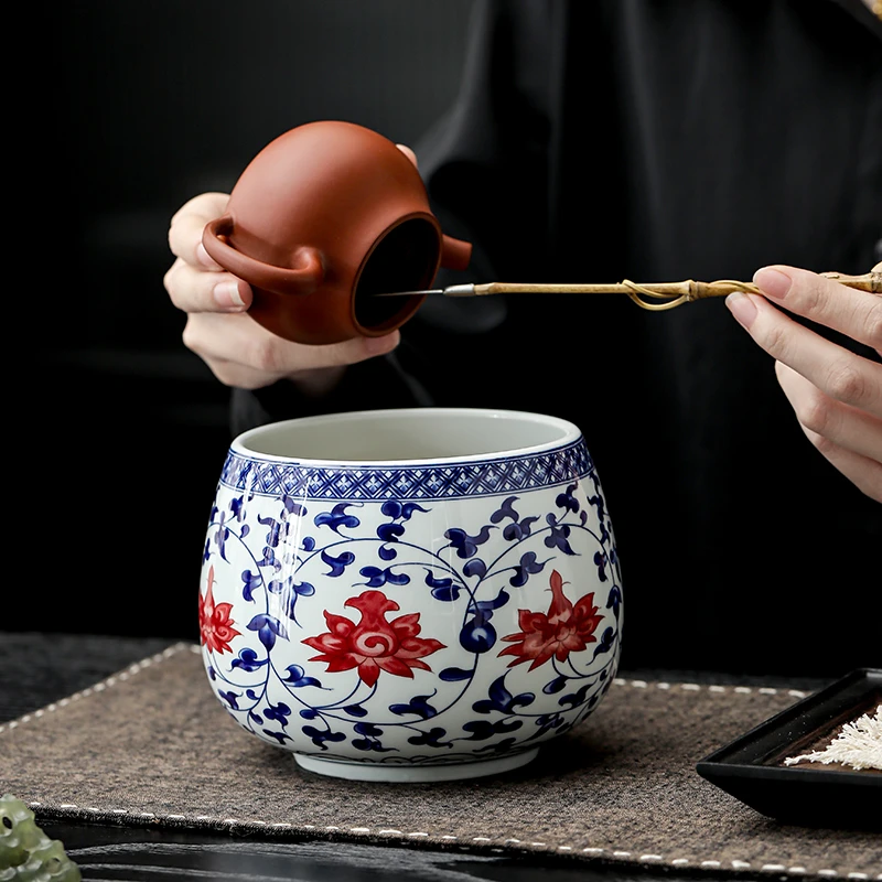 复古青花缠枝莲陶瓷茶洗大号茶渣缸杯洗家用笔洗水盂茶道配件