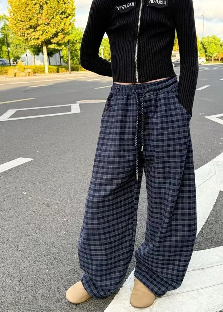 女童秋季格子裤阔腿裤儿童洋气休闲裤中大童时尚宽松弯刀长裤5819