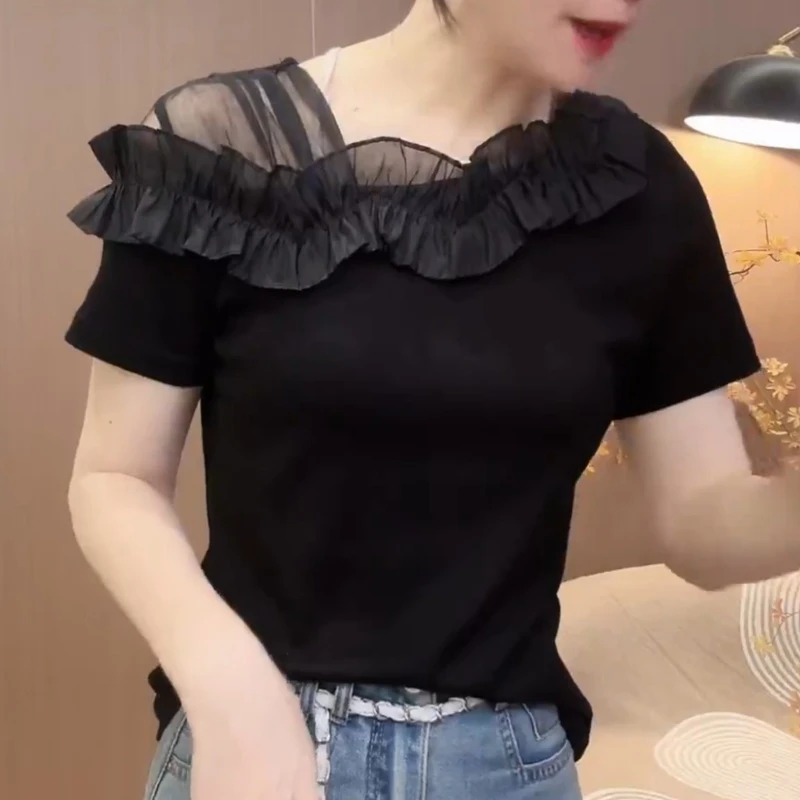 新品夏季不规则百搭洋气设计漏肩显瘦荷叶边T恤LK2502592