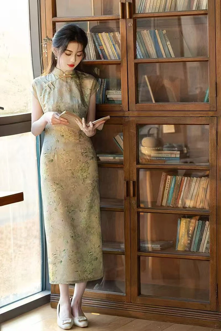 旗袍 长款 双层 （衣长约125cm）清婉 C562（绿）