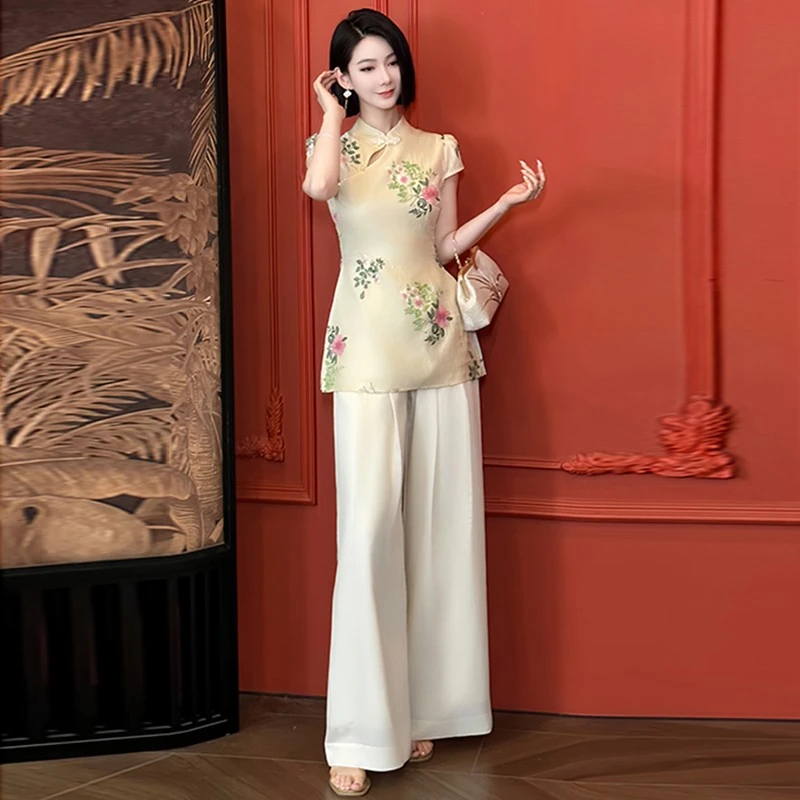 新中式国风套装女2025夏季新款爆款气质提花旗袍上衣阔腿裤两件套