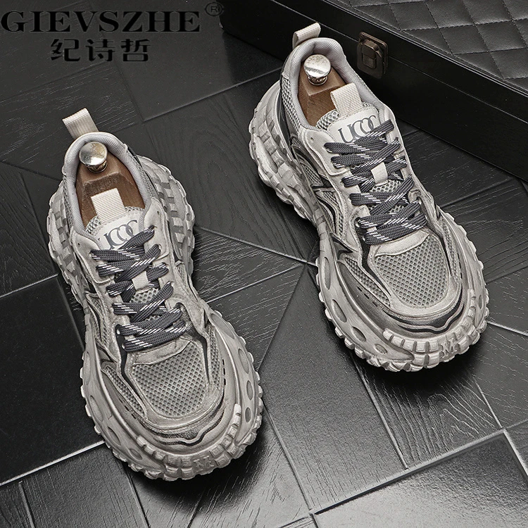 纪诗哲男鞋轻奢高端复古做旧老爹鞋百搭休闲增高轮做旧网面老爹鞋