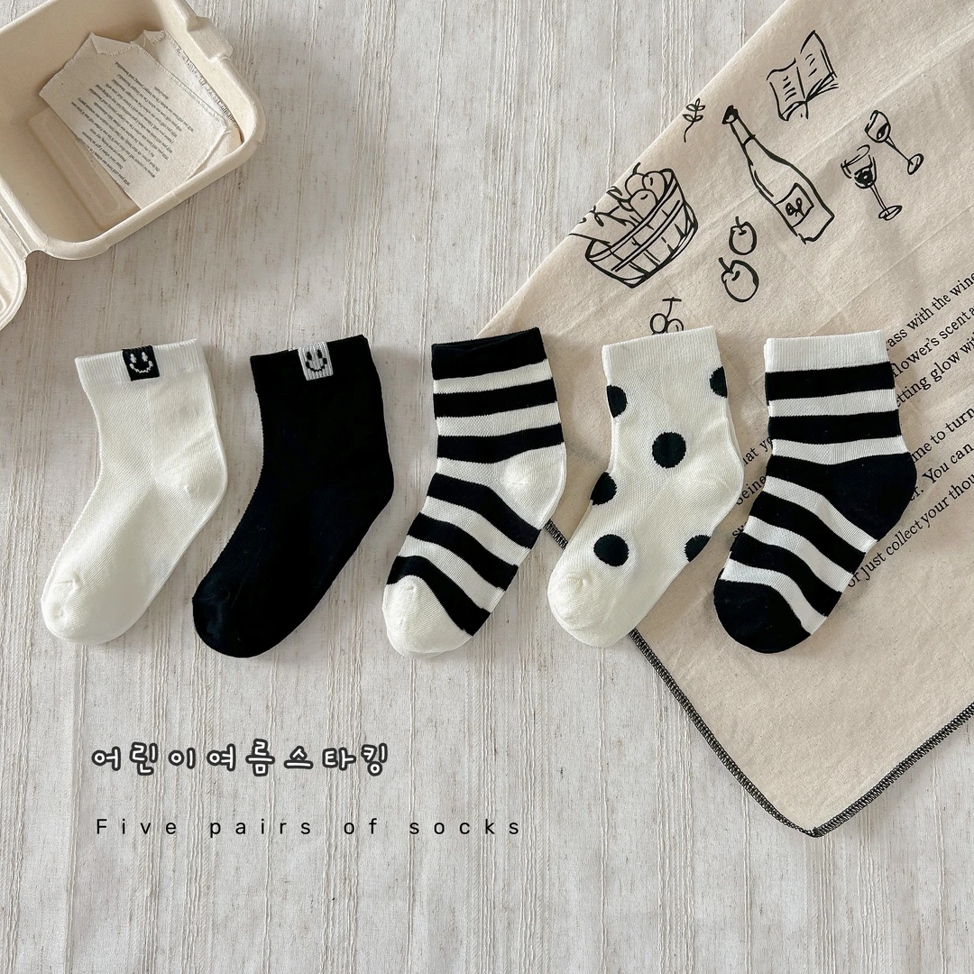 儿童夏袜子日系黑白条纹男女童短筒棉袜薄款透气网眼学生袜子