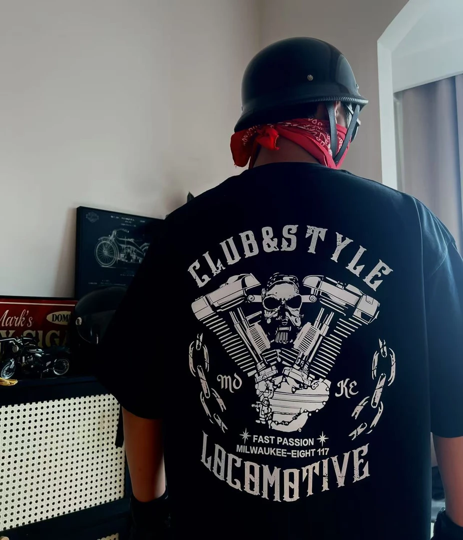 哈*雷发动机防毒骷髅空滤复古摩托车机车男女纯棉宽松圆领短袖T恤