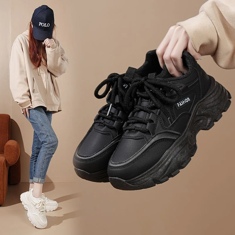 踩屎感厚底老爹鞋女爆款春季2025年新款皮面防水运动休闲鞋8821