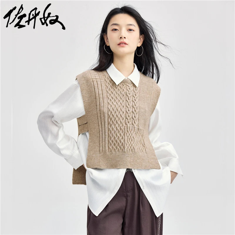 佐丹奴针织衫女装绞花侧开圆领毛织套头针织衫背心 18354917