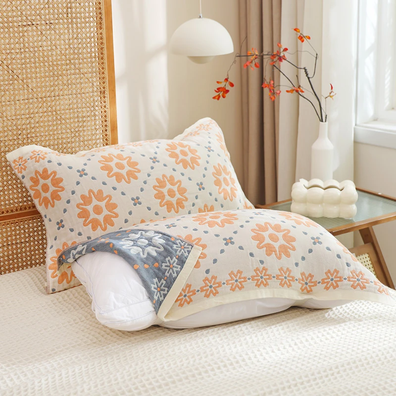 【京かわ会社】一对装纯棉纱布枕巾 带绑带全棉柔软家用枕巾 绽放