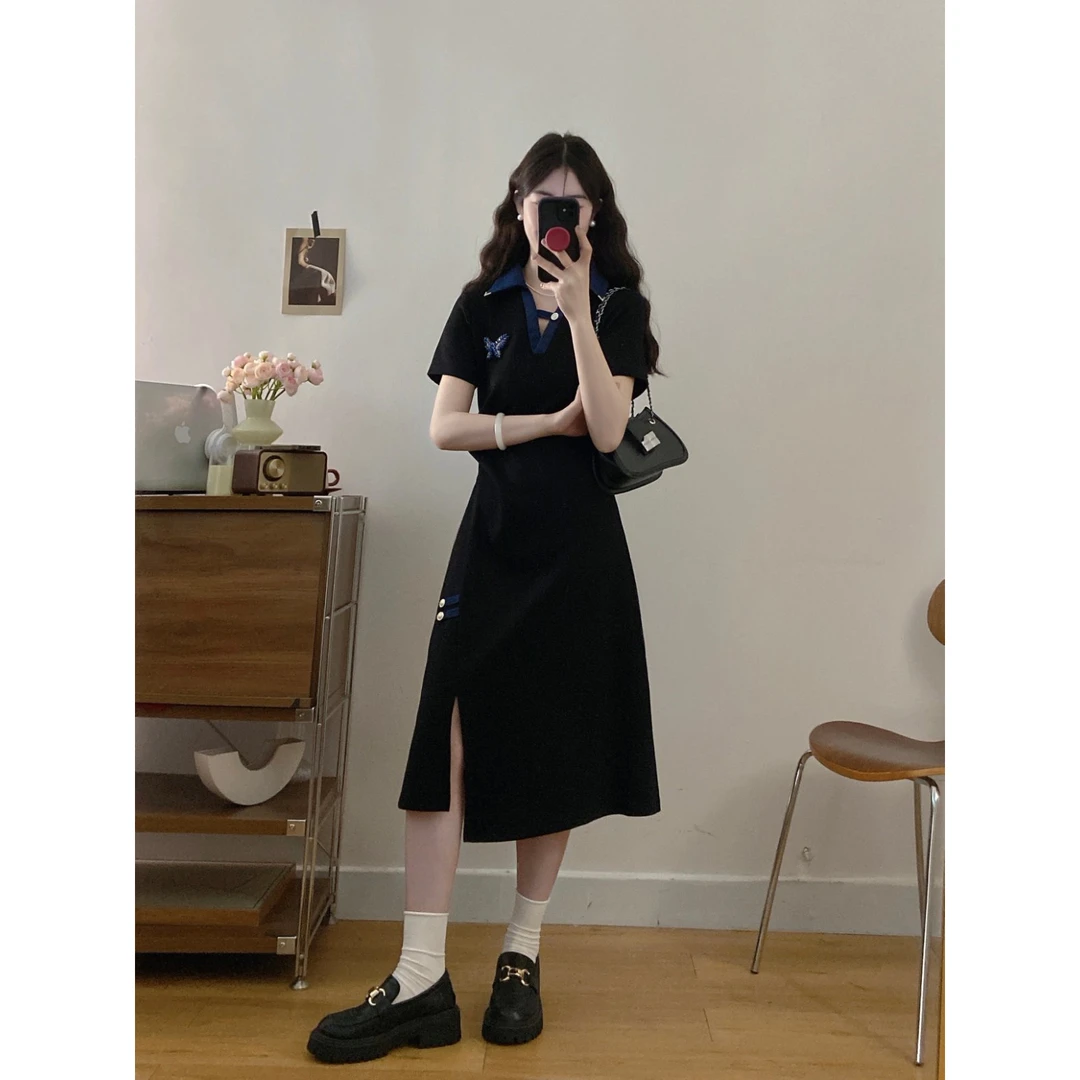 大码女装2025夏季新款小众时尚设计感洋气撞色修身显瘦长款连衣裙