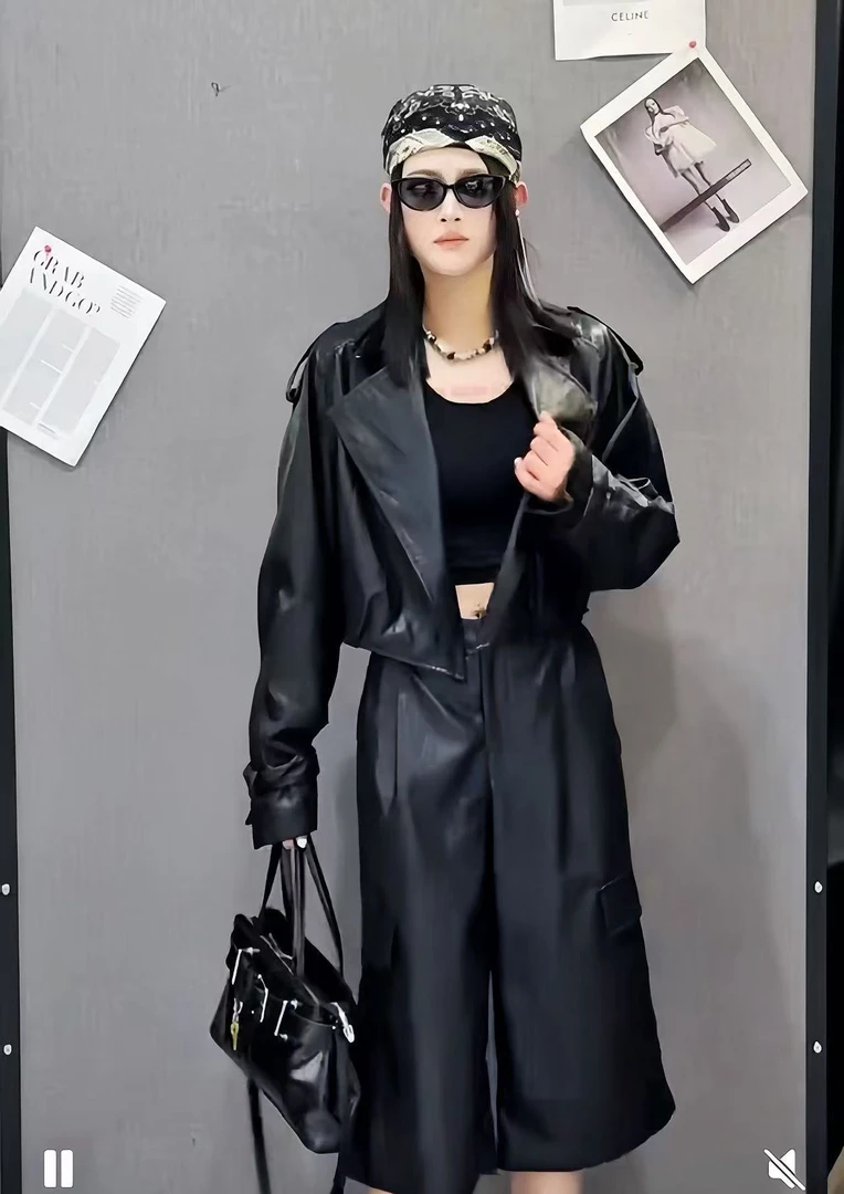 短款漆皮插肩袖复古钱风机车皮衣设计师韩版黑色女款