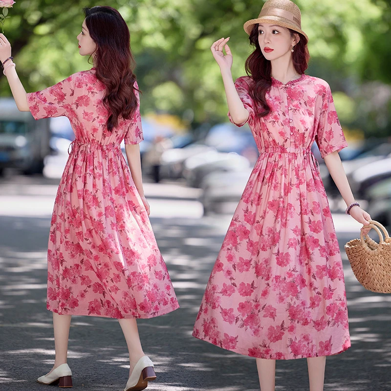 时尚连衣裙洋气衣服女装夏季妈妈气质减龄天丝麻料印花显瘦长裙子