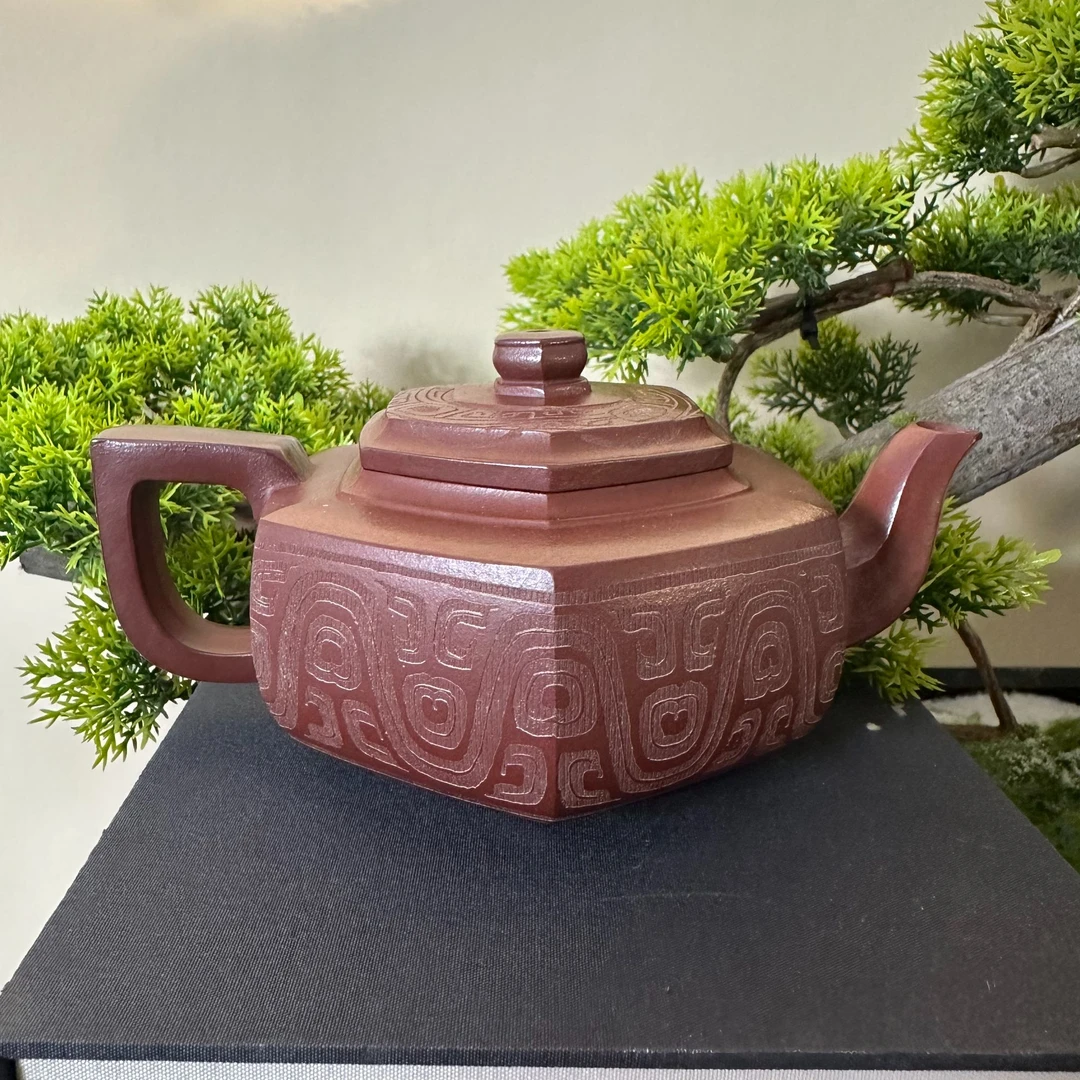 一品紫砂甄选刻绘六方雪华手工紫砂壶