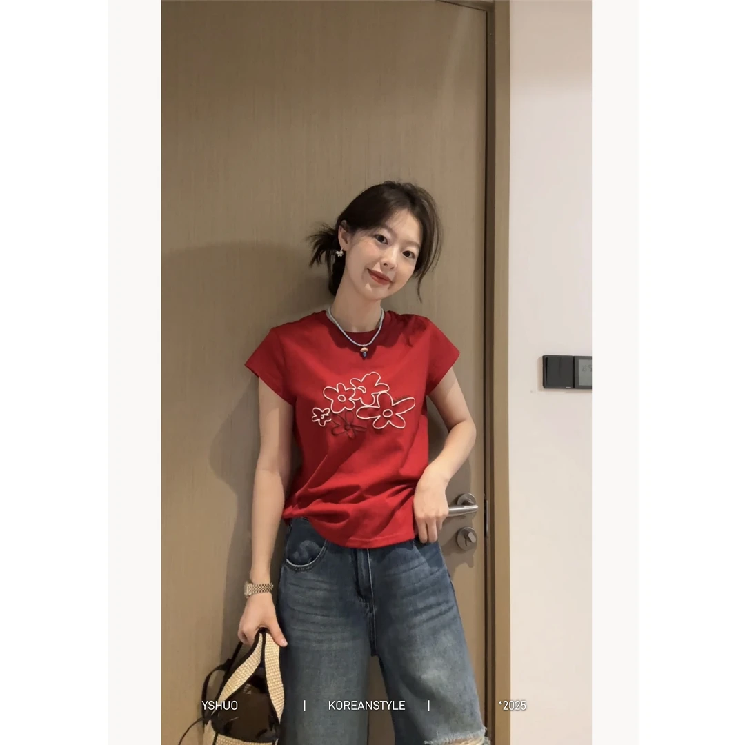 【松弛主义】韩系简约立体印花圆领宽松休闲短袖上衣T恤8898