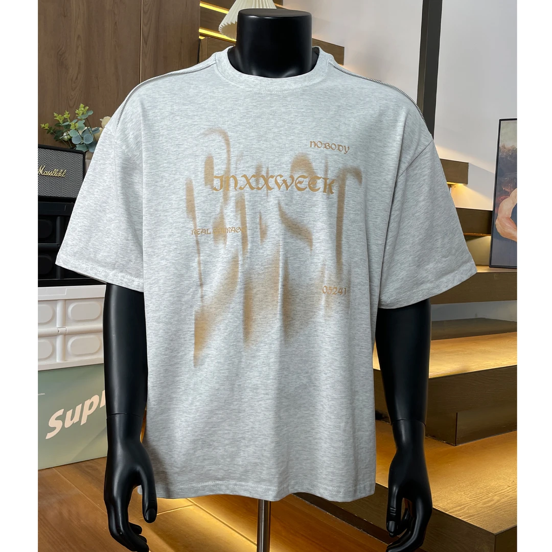 夏季短袖t恤美式复古字母肩膀拉链新款纯棉印花短袖男生休闲上衣