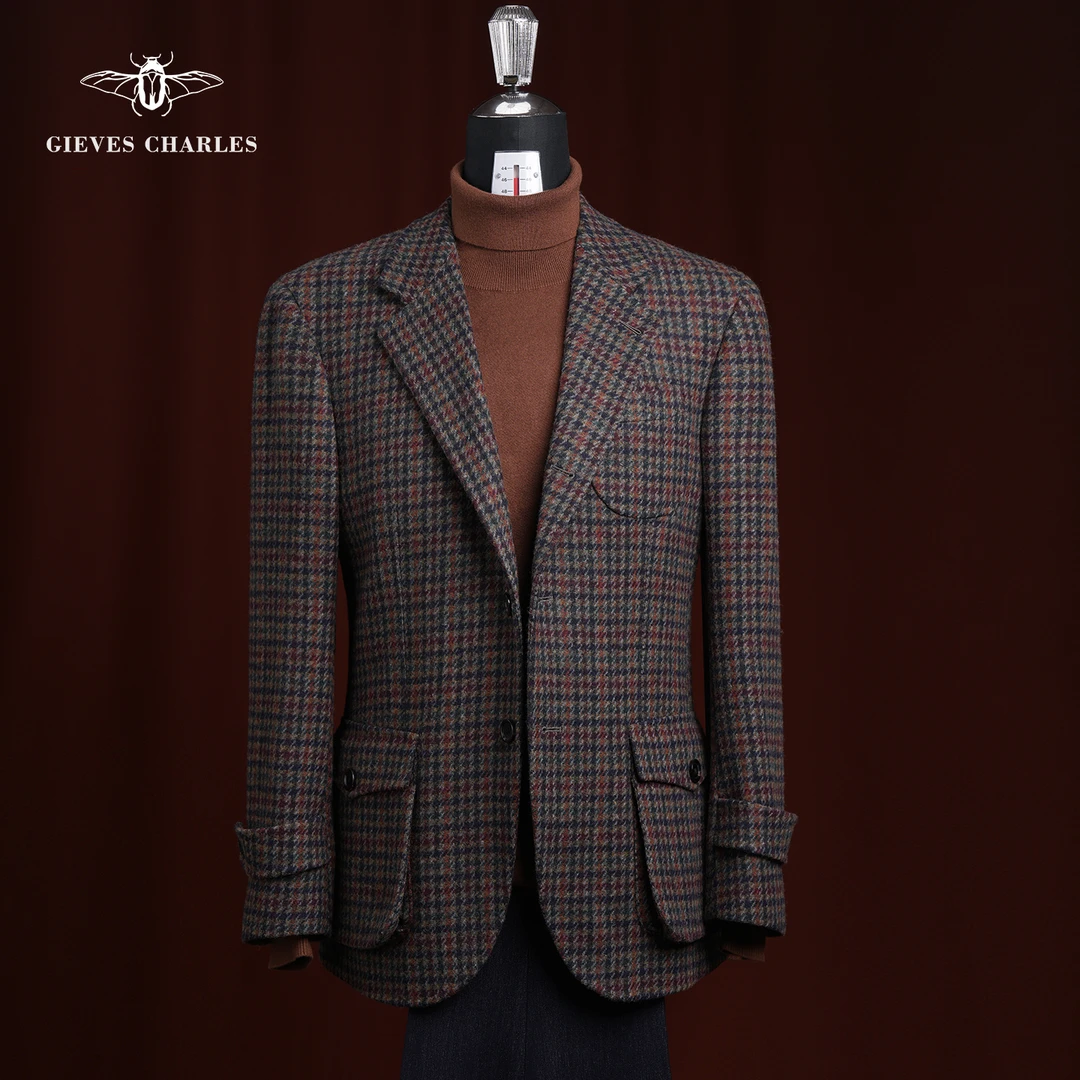 【MOON】进口面料撞色千鸟格粗花呢复古猎装西服男士休闲西服秋冬
