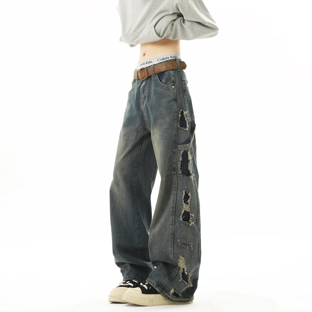 vintage牛仔裤男2025新款美式设计感小众潮牌宽松直筒阔腿长裤子