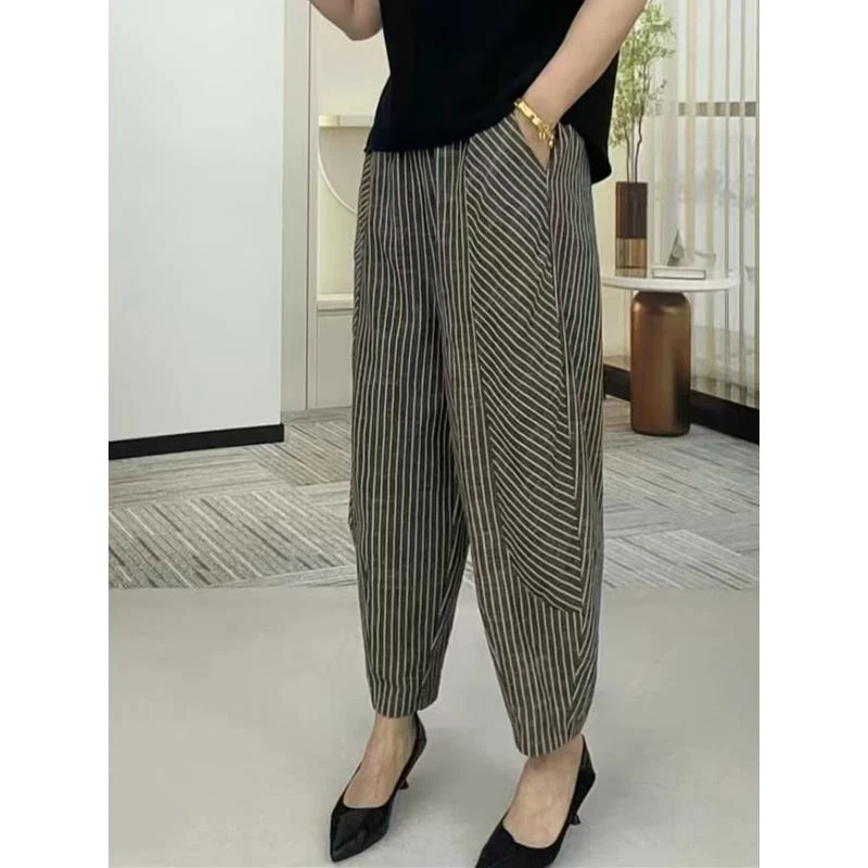 2025春秋新款条纹松紧腰哈伦阔腿裤中老年女装洋气妈妈时尚显年轻