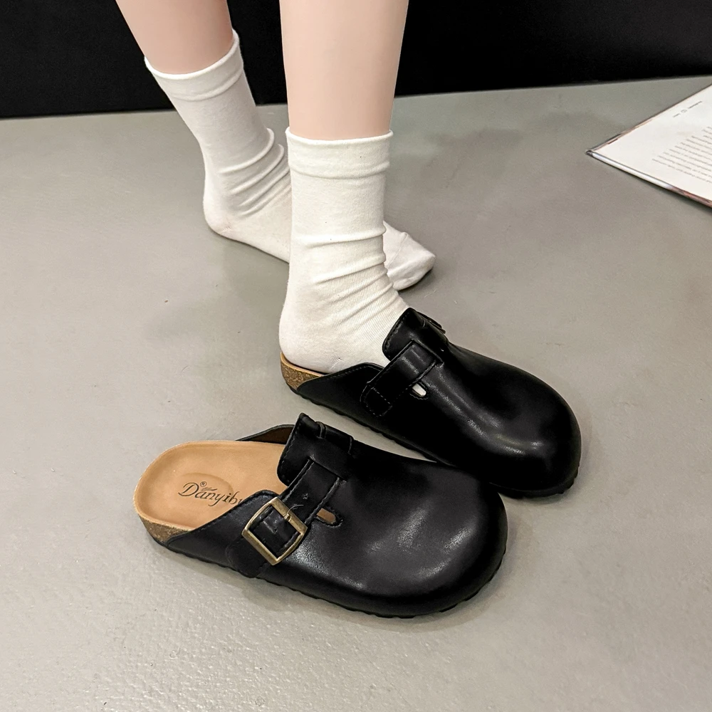 皮面包头勃肯鞋2025春秋季新款厚底休闲百搭罗马半拖鞋女博肯鞋女