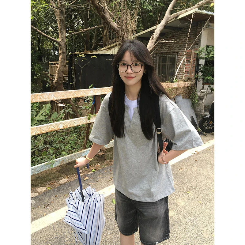 jtrt美式街头风纯棉短袖t恤男女款夏季宽松休闲百搭V领假两件上衣