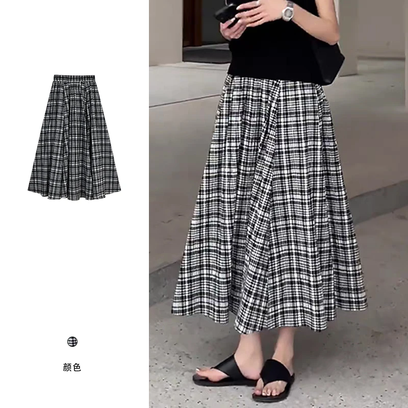 【格纹撞色宽松A字半身裙女文艺休闲裙子 Q018】