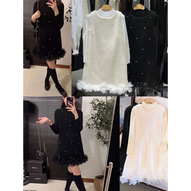 2025法式高级感半高领内搭网纱花边背心裙两件套-052