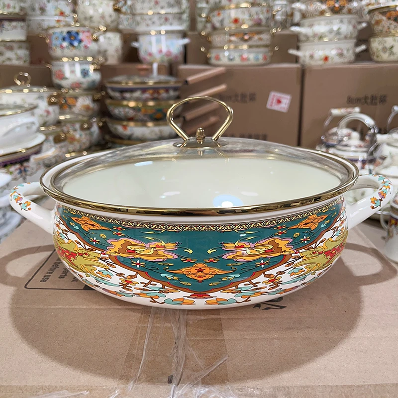 26cm防溢珐琅海鲜锅俄罗斯花冬季火锅家用炖锅搪瓷锅燃气电磁炉锅