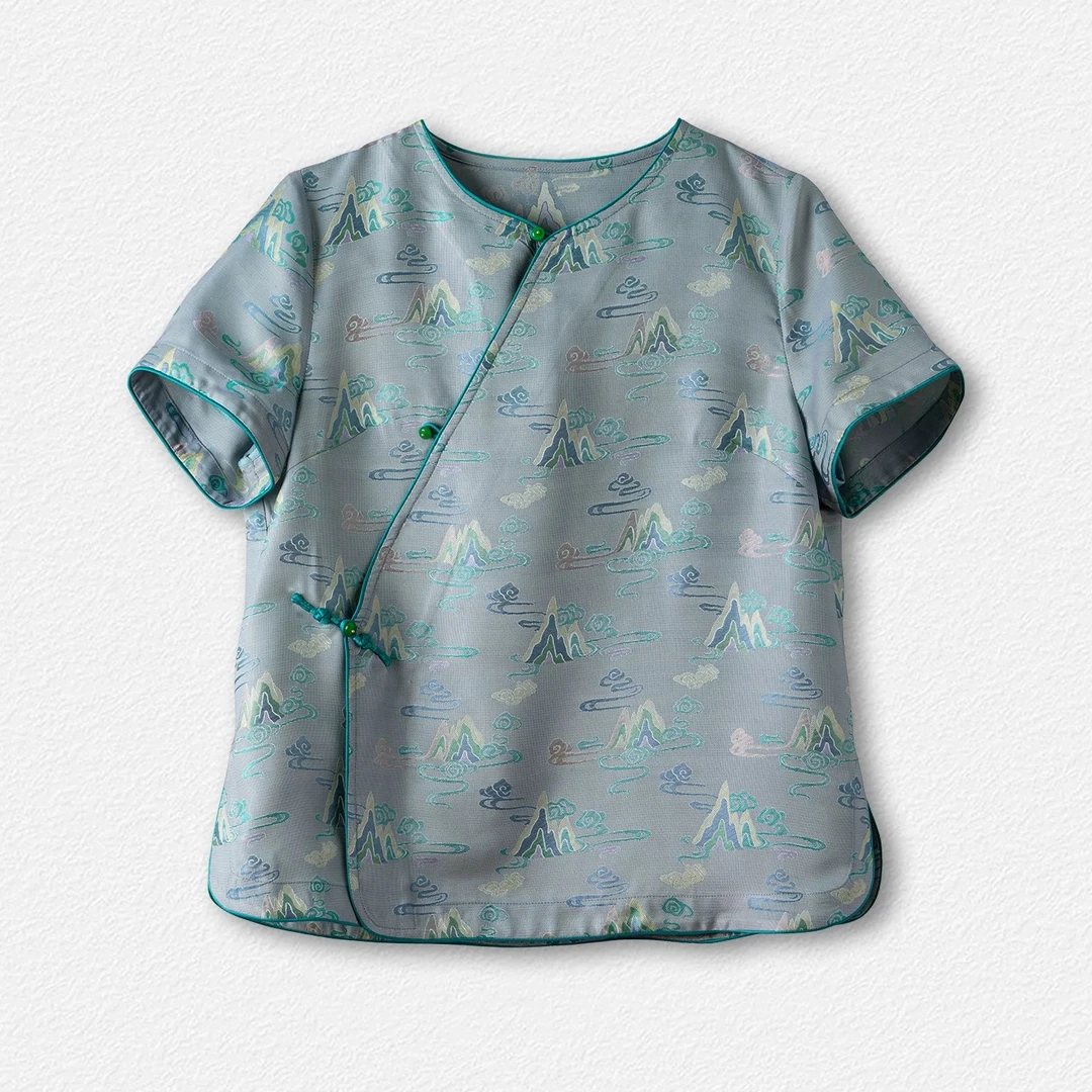 新中式异色罗圆领桑蚕丝短袖