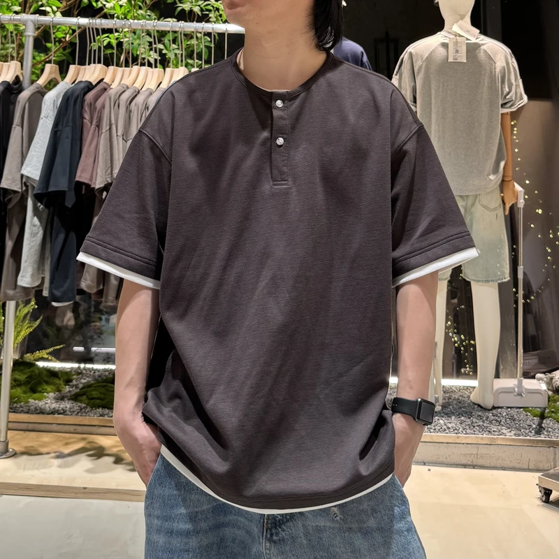 夏季新款假两件T恤宽松男士情侣时尚休闲百搭简约复古短袖 LF2552