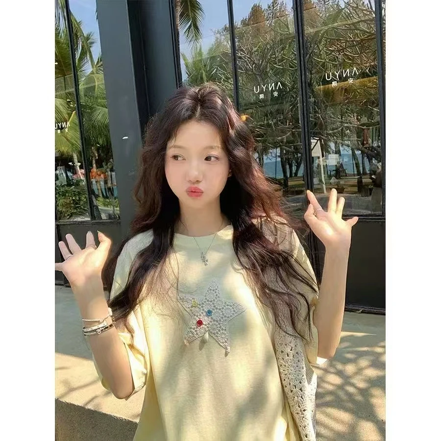 小雅姐姐  韩系蕾丝星星刺绣彩扣甜美休闲上衣IU08