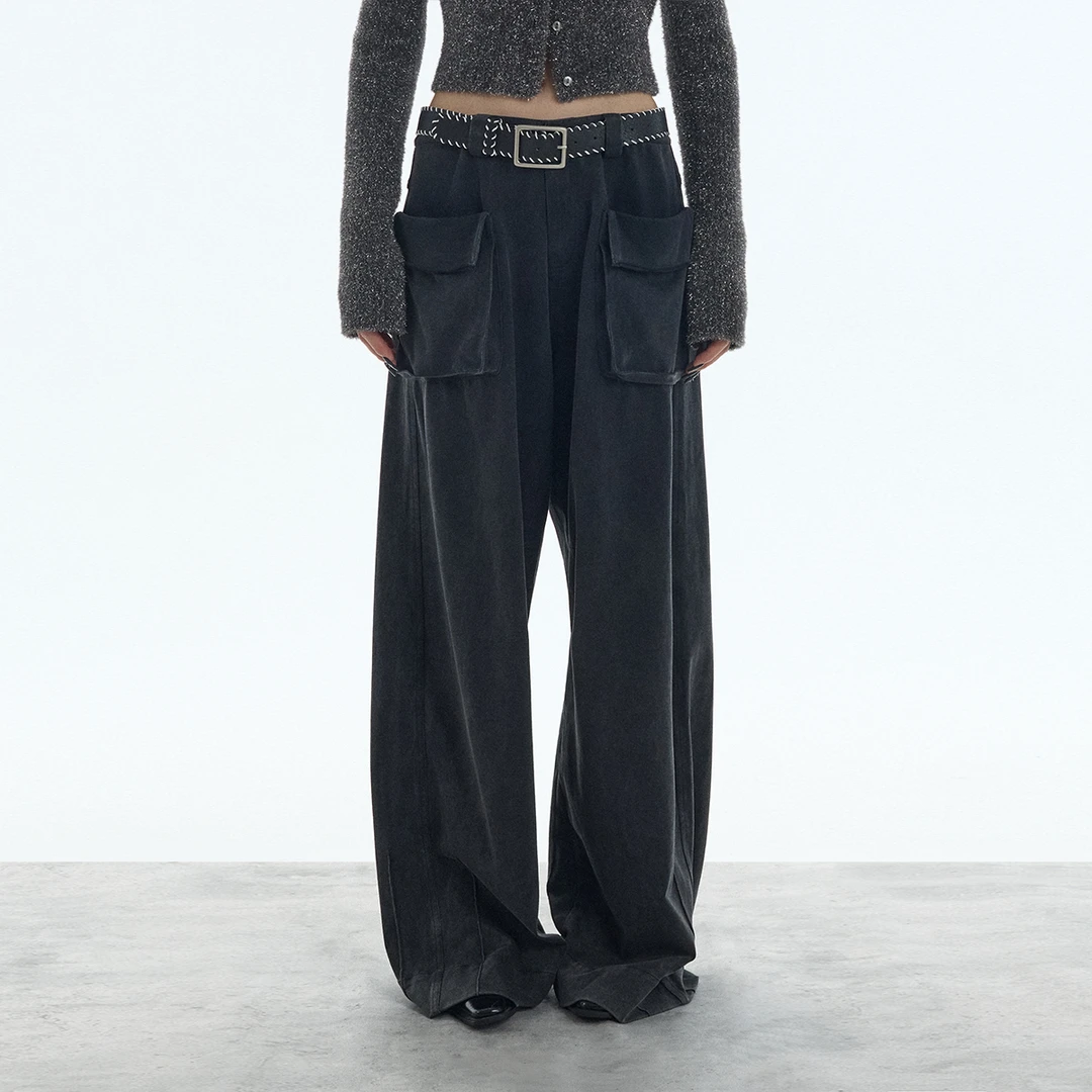 ourhour 重工砂洗 石墨灰工装大口袋宽松弯刀裤 女秋设计感休闲裤