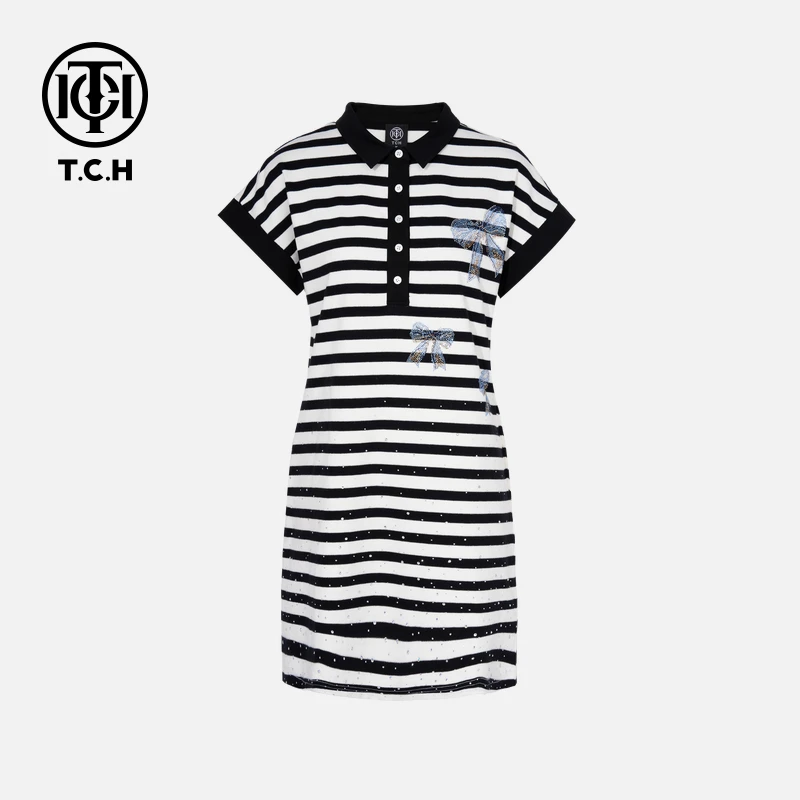 TCH轻奢烫钻工艺时尚休闲条纹蝴蝶结连衣裙女T75B30E1171私服tch