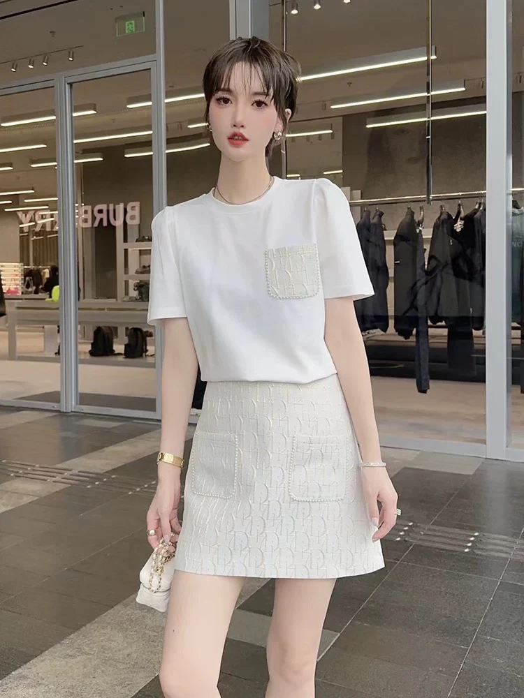南油高端夏季法式重工钉珠T恤半裙套装K08