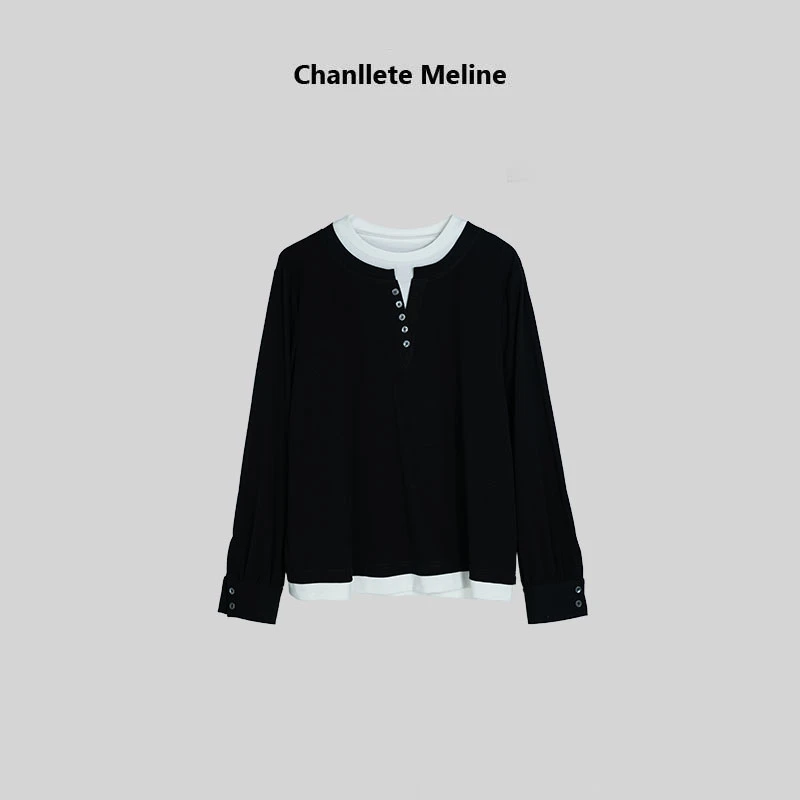 【Chanllete Meline】“随性时光”假两件撞色针织衫CMCT-9792