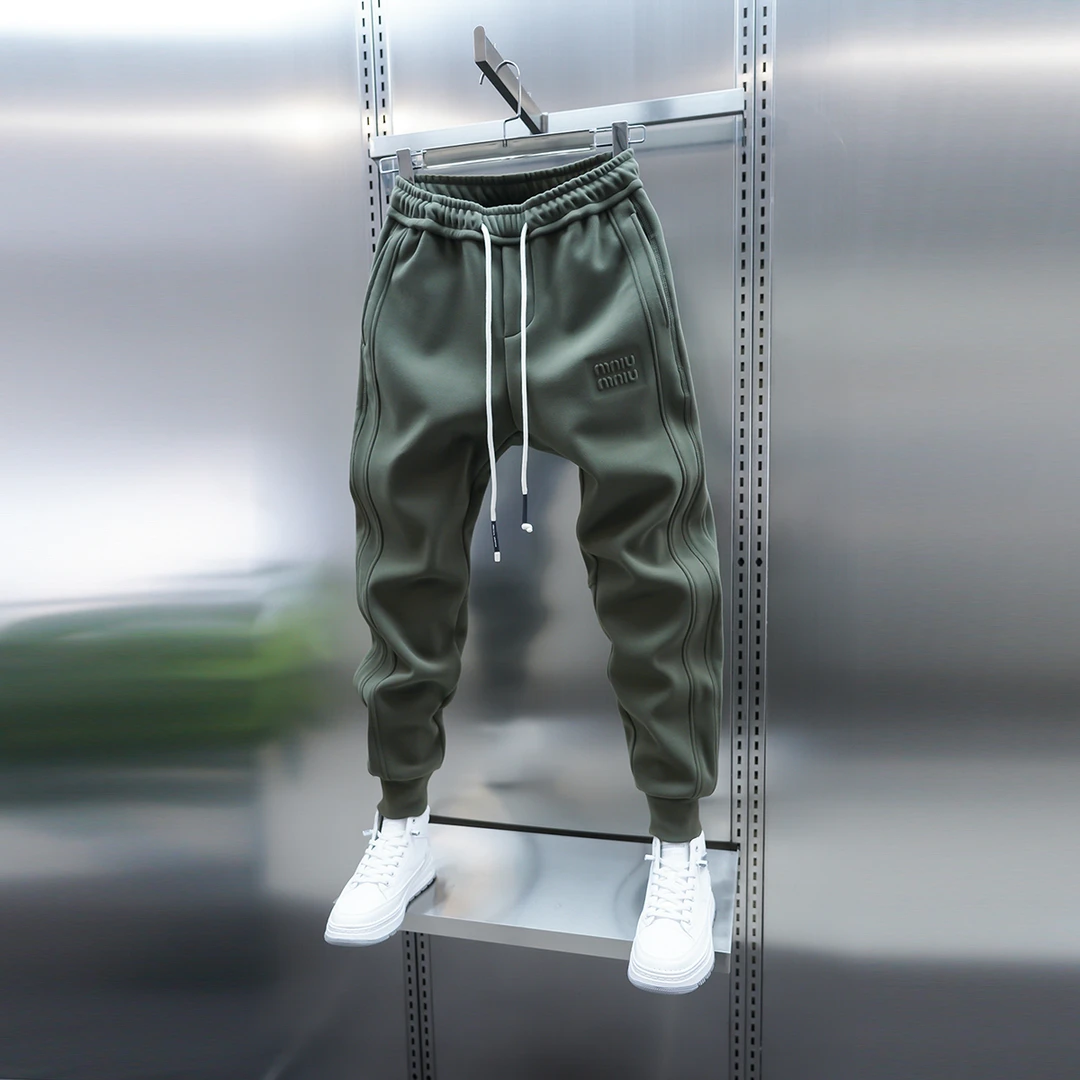 PinkAvril2025潮流男士冬季加绒加厚束脚休闲裤纯色拼接小脚运动