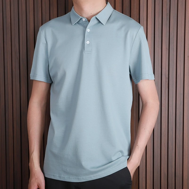 2025夏季男士高端桑蚕丝纯棉珠地POLO丝光棉T恤男纯色短袖夏