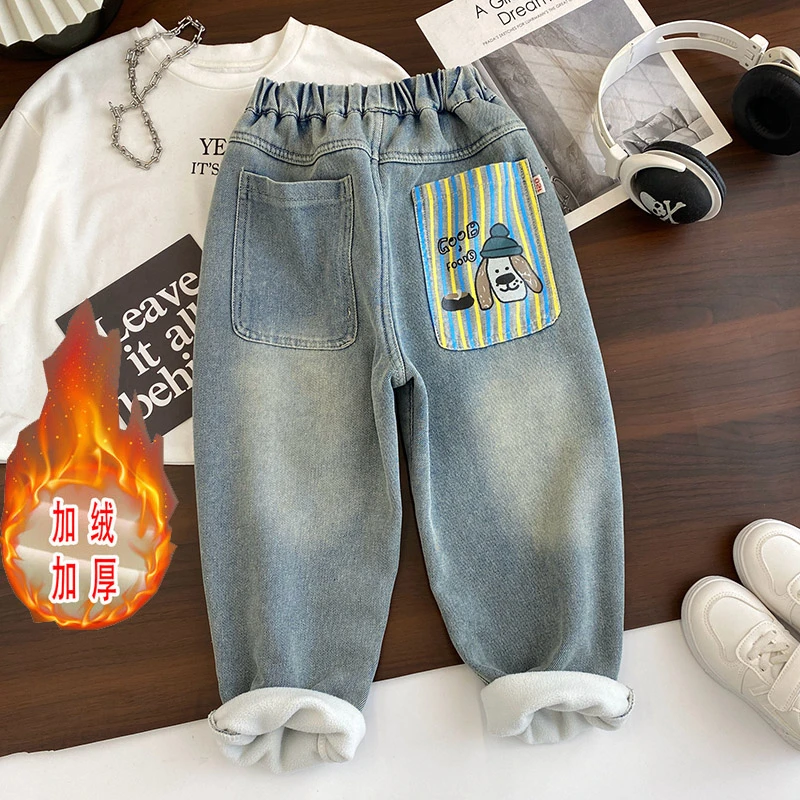 男女童加绒裤子秋冬新款小中大童韩版帅气洋气宽松老爹牛仔裤