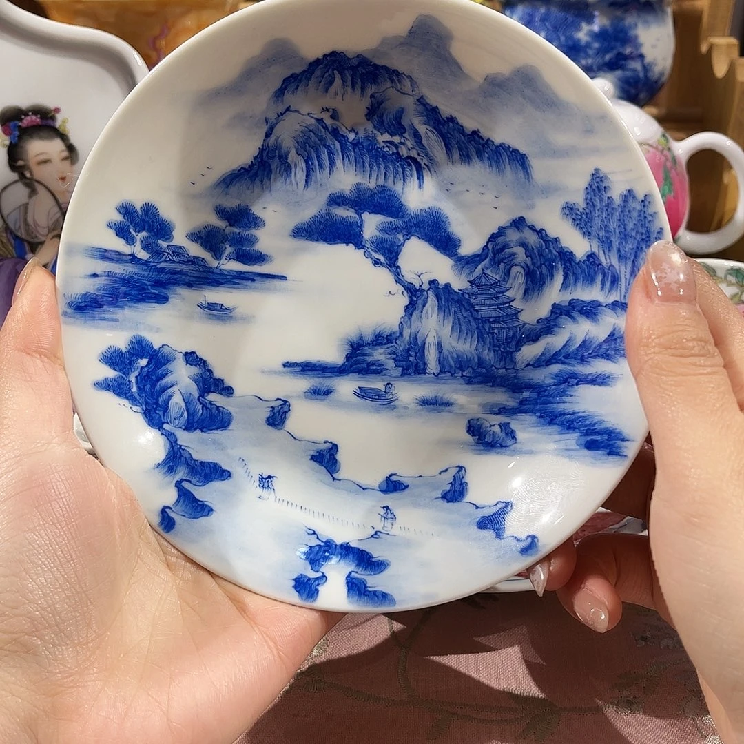 杯子陶青花山水壶承