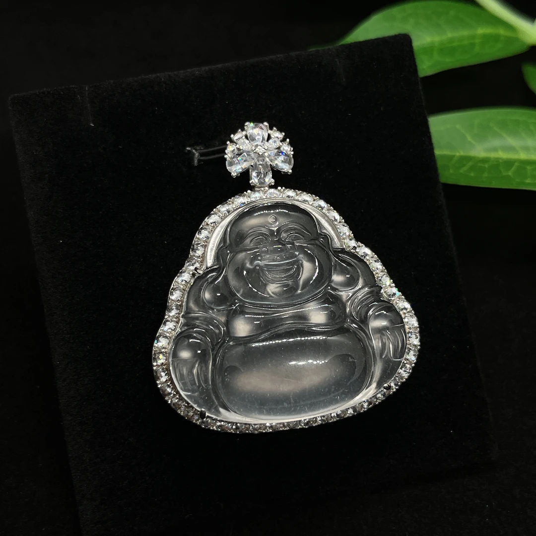 天然石英质玉 s925银镶嵌 满钻大气百搭佛公吊坠