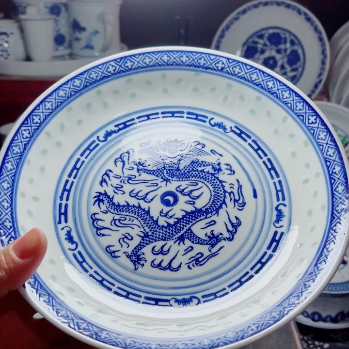 青花玲珑8寸窝盘龙纹
