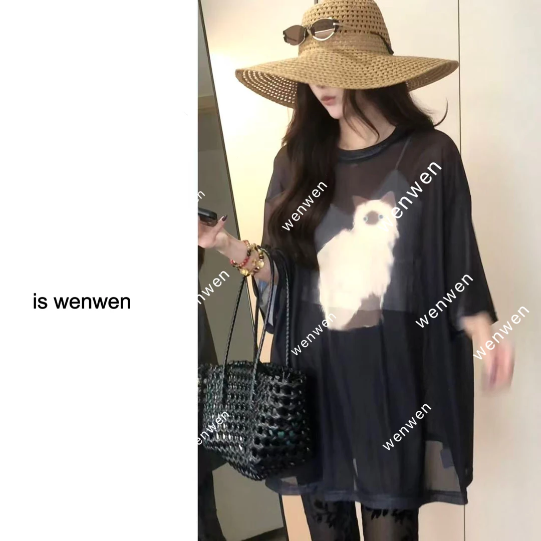 【WEN】猫与夏纱 新款复古猫咪网纱印花宽松慵懒风百搭上衣 YS912