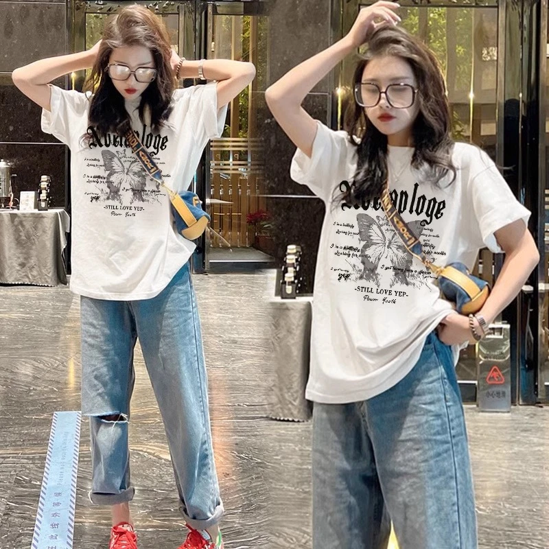 2025夏季新款纯棉T恤女宽松中长款潮牌美式复古短袖t恤女上衣显瘦