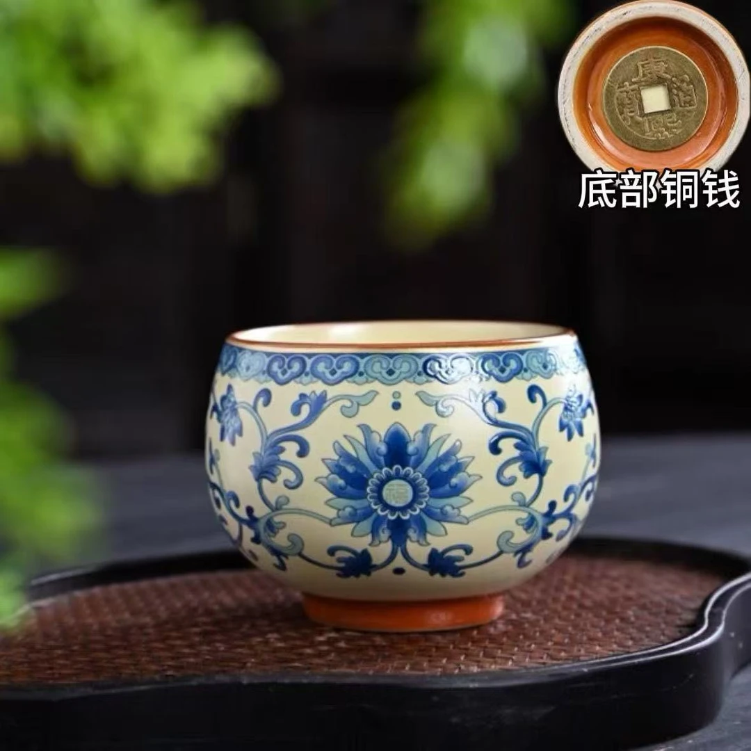 【新品铜钱杯福利】高端陶瓷茶杯网红铜钱底缠枝莲茶杯主人杯家用