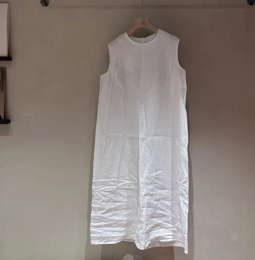 夏季薄款气质法式复古纯亚麻无袖连衣裙女纯色超好看简约时尚百搭