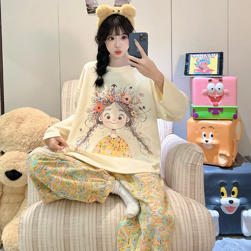 甜美少女睡衣女长袖长裤春秋新款套装带胸垫卡通家居服2025爆款