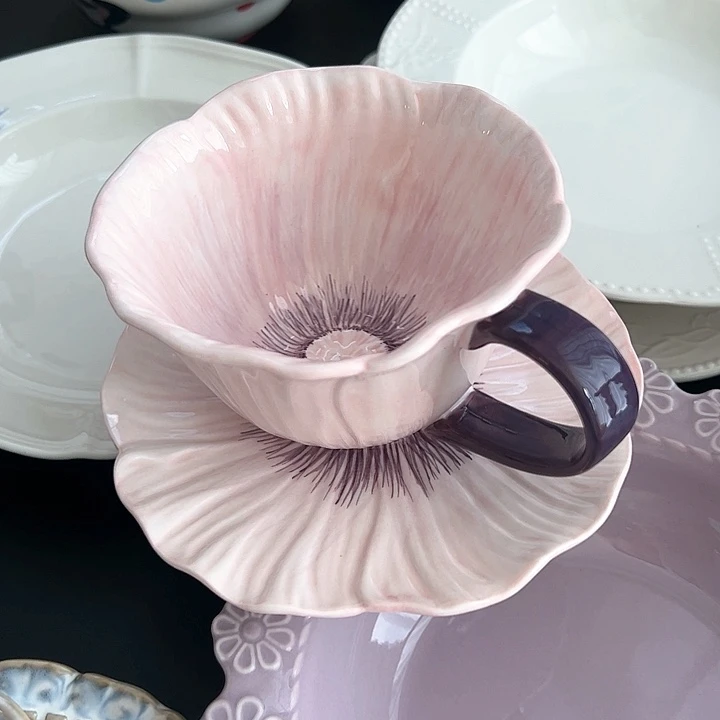 陶瓷无盖款陶瓷马克杯咖啡杯碟虞美人咖啡杯碟一套