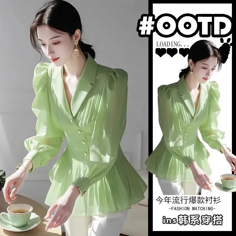 时髦法式绿色衬衫女2025新款春秋款时尚显瘦显高气质百搭上衣女款