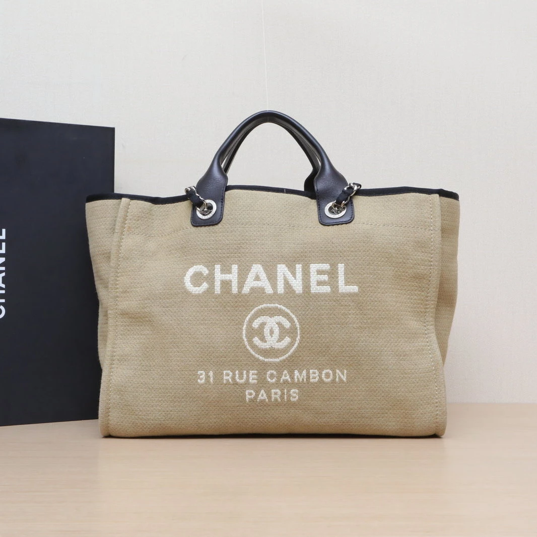 95新 Chanel/香奈儿 【黑黑】沙滩包 大号 拼色 帆布 16开