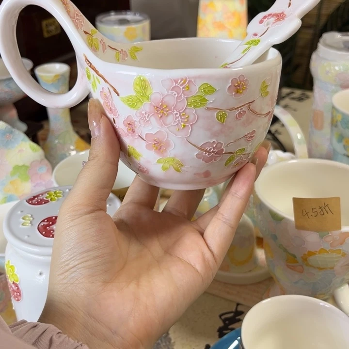 手柄款陶瓷桃花早餐碗